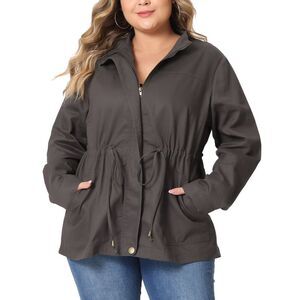 Women's Plus Size Jackets Lightweight Anorak Drawstring Utility Jacket Grey